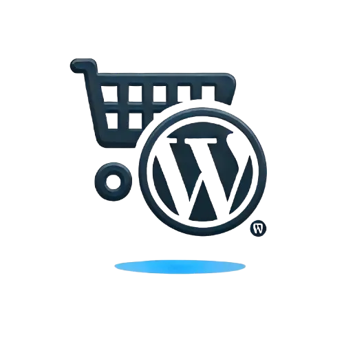 Icon for E-commerce and WordPress website development, combining a shopping cart and a stylized "W".