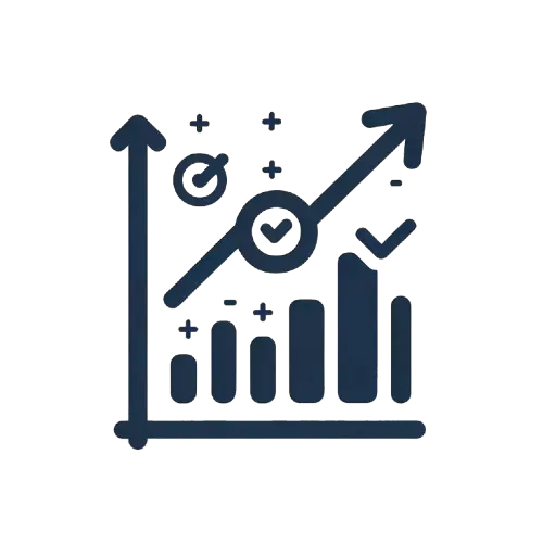 Icon for Performance Marketing services, visualizing growth and results with an upward trending line graph and goal elements.