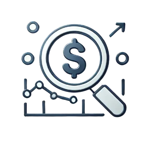 Icon for Search Engine Marketing (SEM) featuring a magnifying glass, dollar sign, and marketing graphs.