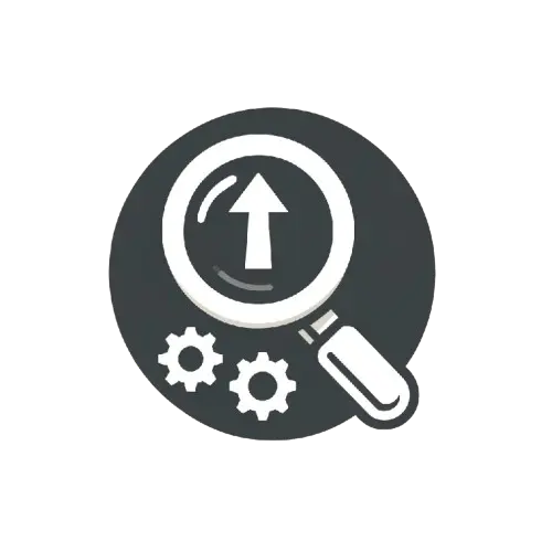 Icon for Search Engine Optimization (SEO) services, highlighting SEO expertise with a magnifying glass, upward arrow, and gears.